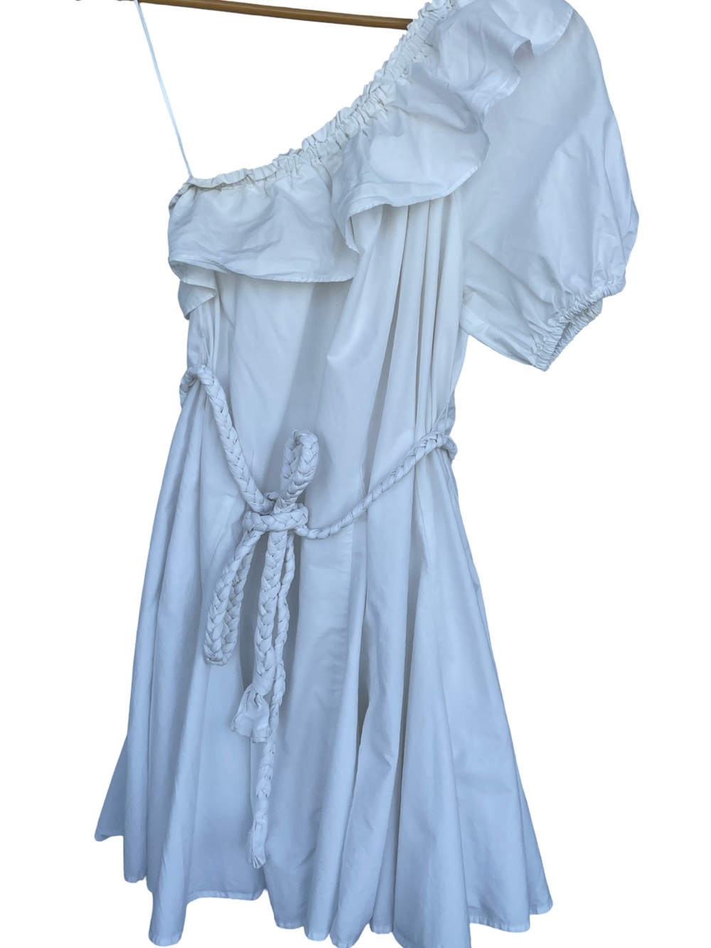 RHODE Resort One-Shoulder White Ruffled Mini Dress with braided belt size S